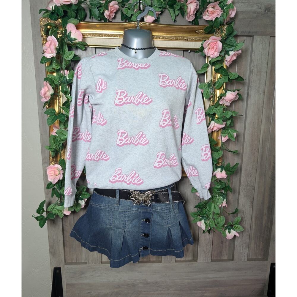 Barbie Pink Logo Graphic Fleece Crewneck Pullover Sweatshirt girls 10 Women's xs